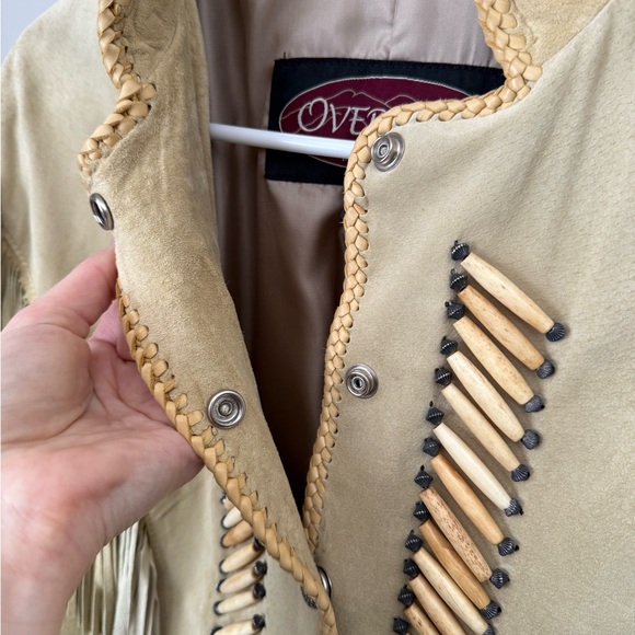 Vintage 90’s Overland Suede Fringe Jacket Beaded Collar Bone Detail USA Women 14 - Picture 10 of 15